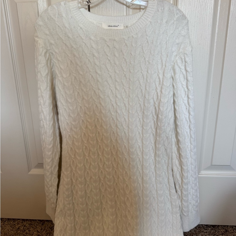 Cable Knit White Long Sleeve Sweater Dress